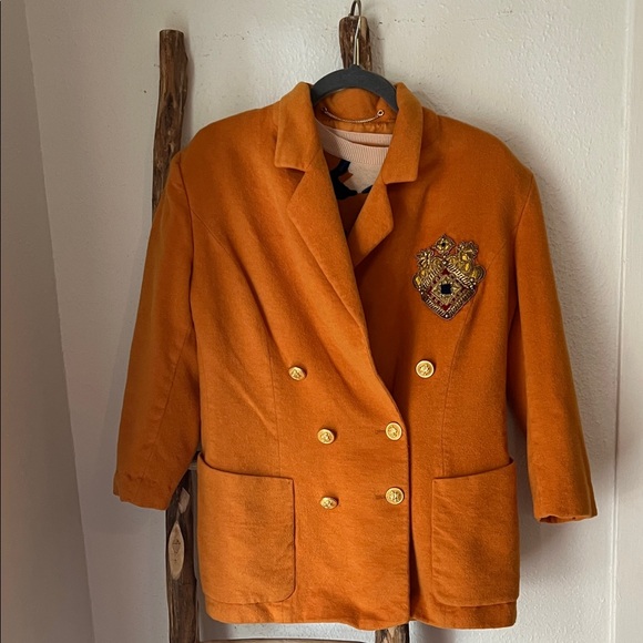Louis Feraud Jackets & Blazers - Louis Feraud Saffron Wool Blend Double Breasted Blazer with Gold Crest & Buttons